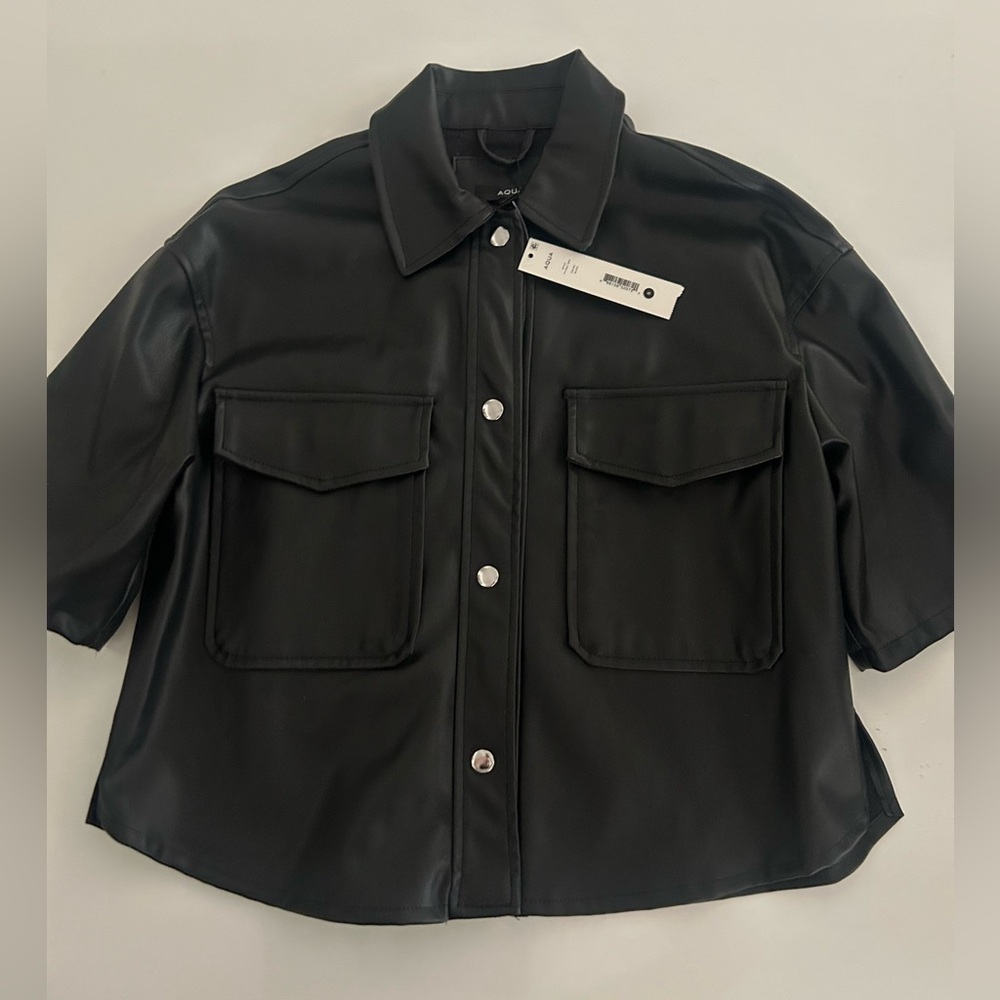 Aqua Black Faux Leather Snap-Front Shirt Jacket